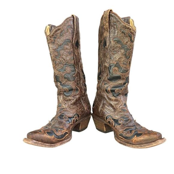 Corral Vintage Brown Goat Overlay Snip‎ Toe Cowboy Boots Womens Size 6.5m C1957 - Picture 6 of 10